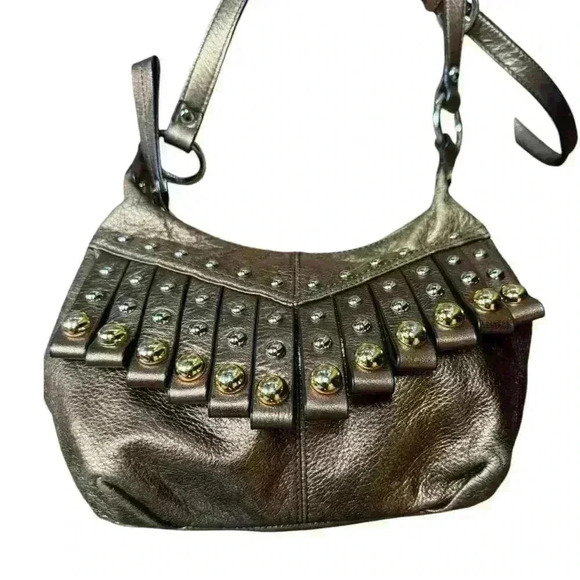 B Macowski Copper Pebble Leather Fringe Studded adjustable Crossbody Boho Bag - Picture 3 of 13